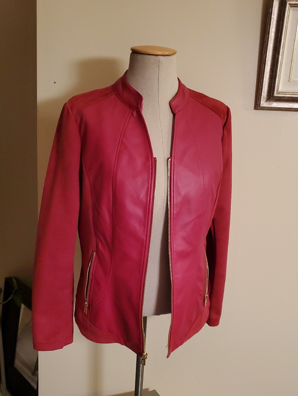 Women's Red Faux Leather Zip-Front Jacket